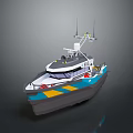 Modern Marine Patrol Boat With Blue Yellow Stripes Antennas And Cab On Deck