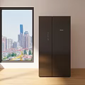 Black Double Door Refrigerator with Wooden Floor White Walls City View and Green Trees