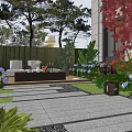 Lush Garden Courtyard With Outdoor Sofa Stone Pathway And Colorful Flowers