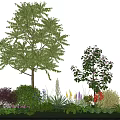 Tall Arbor with Lush Green Foliage Purple Shrubs and Flowers in Garden