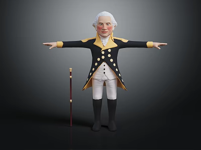 White Haired Gentleman Character In Black Coat With Yellow Trim And Walking Cane 3d model