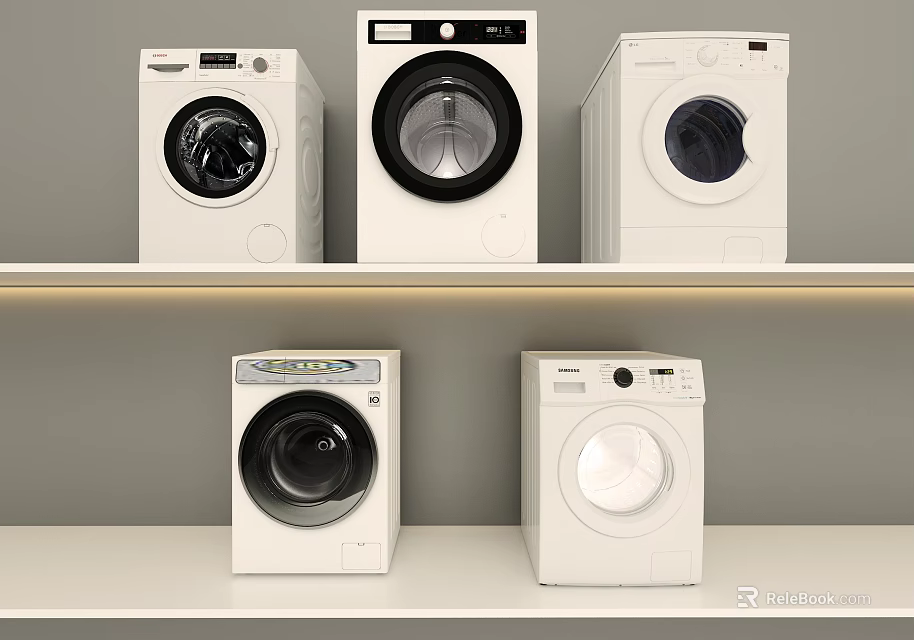 White Front Loading Washing Machines Different Models Placed On White Shelves 3d model 