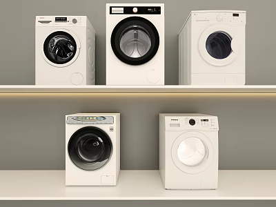 White Front Loading Washing Machines Different Models Placed On White Shelves 3d model