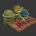 Decorative Vintage and Blue Globes on Ornate Patterned Carpet with Wooden Metal Stands