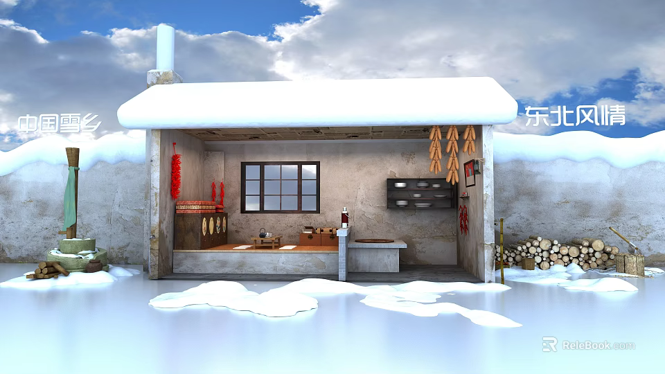 Traditional Northeast Chinese Cottage With Snow Covered Roof Hanging Decorations And Firewood Stack 3d model 