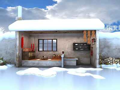 Traditional Northeast Chinese Cottage With Snow Covered Roof Hanging Decorations And Firewood Stack 3d model