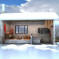 Traditional Northeast Chinese Cottage With Snow Covered Roof Hanging Decorations And Firewood Stack