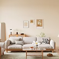 Light Gray Three Seater Sofa With Decorative Pillows Wooden Legs And Wall Art