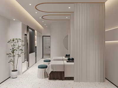 Elegant Beauty Hair Salon Interior With White Curtains Massage Beds Round Stools And Soft Lighting 3d model