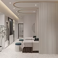 Elegant Beauty Hair Salon Interior With White Curtains Massage Beds Round Stools And Soft Lighting