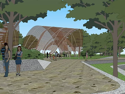 Tranquil Garden Landscape Featuring Stone Pathway Wooden Arched Structure and Lush Greenery 3d model