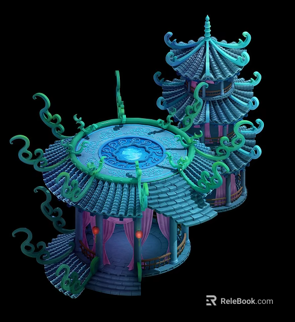 Traditional Chinese Architectural Structure With Green Roof Circular Design And Decorative Carvings 3d model 