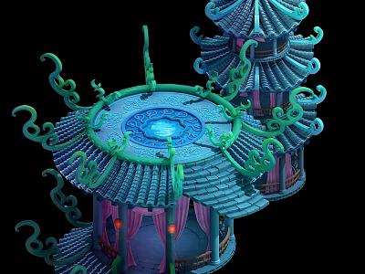 Traditional Chinese Architectural Structure With Green Roof Circular Design And Decorative Carvings 3d model