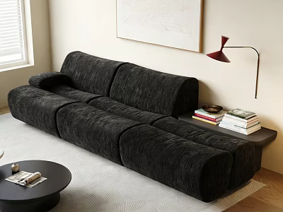 Black Sectional Multi Seater Sofa With Red Floor Lamp Round Coffee Table And Wall Art 3d model