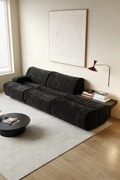 Black Sectional Multi Seater Sofa With Red Floor Lamp Round Coffee Table And Wall Art 3d model