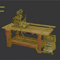 Woodworking Miter Saw Set Up On Workbench With Long Rail And Dust Extractor