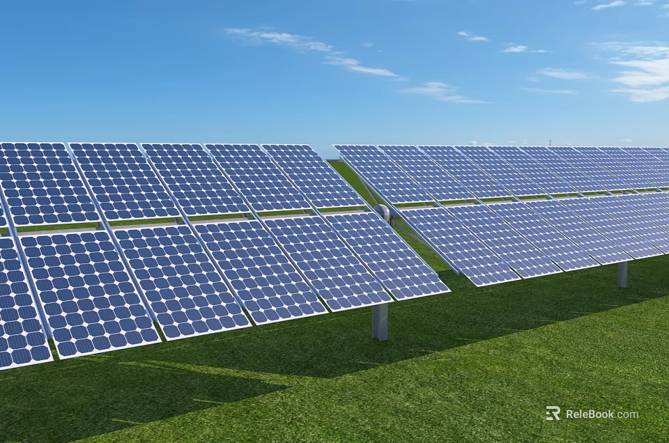 Solar Panels Clean Energy Setup On Green Grass Field Under Blue Sky 3d model 
