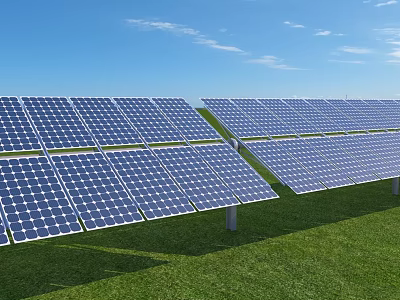 Solar Panels Clean Energy Setup On Green Grass Field Under Blue Sky 3d model