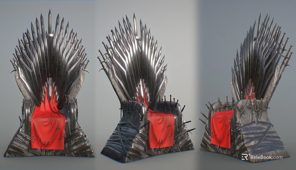 Iron Throne Three Different Views With Red Cushion And Sharp Swords Metal Structure 3d model
