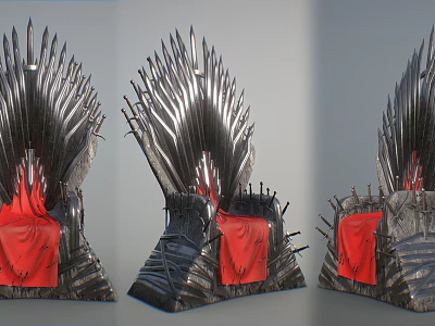 Iron Throne Three Different Views With Red Cushion And Sharp Swords Metal Structure 3d model