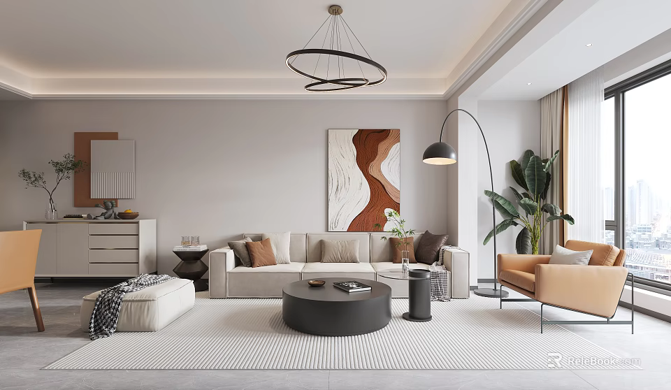 Modern Living and Dining Room Interior With Beige Sofa Coffee Table Artwork And Floor Lamp 3d model 