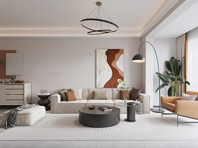 Modern Living and Dining Room Interior With Beige Sofa Coffee Table Artwork And Floor Lamp 3d model