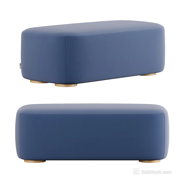 Modern Blue Upholstered Ottoman With Rectangular Design And Wooden Legs 3d model 