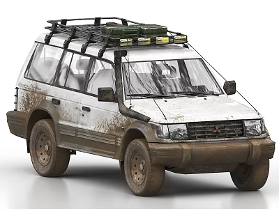 White Off Road SUV With Muddy Exterior Roof Rack Luggage And Front Lights 3d model