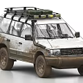 White Off Road SUV With Muddy Exterior Roof Rack Luggage And Front Lights