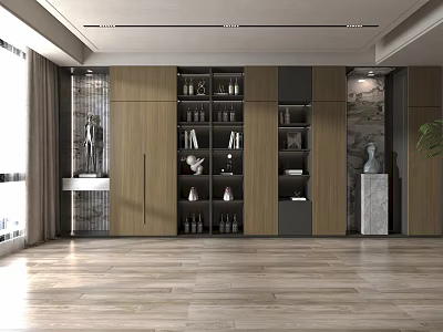 Modern Wooden Decorative Cabinet In Interior With Open Closed Shelves And Decorative Items 3d model