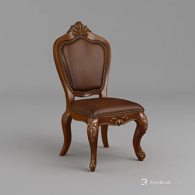 Classic Brown Leather Dining Chair With Carved Wooden Frame And Ornate Backrest 3d model 