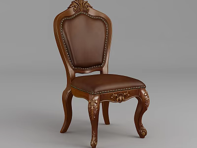 Classic Brown Leather Dining Chair With Carved Wooden Frame And Ornate Backrest 3d model
