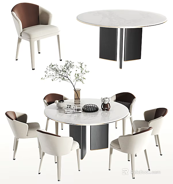 Modern Round Dining Table Set With Beige Brown Chairs And Decorative Plant On Top 3d model 
