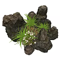 Natural Stone And Wood Decorative Arrangement With Green Grass And Small White Flowers