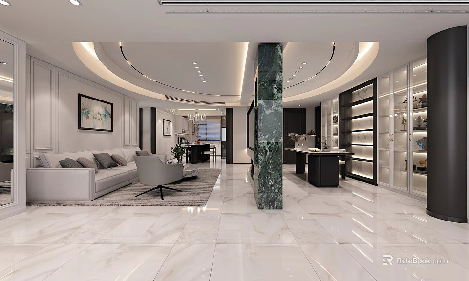 Modern Living Dining Room Interior With White Sofa Dining Table And Marble Floor 3d model 