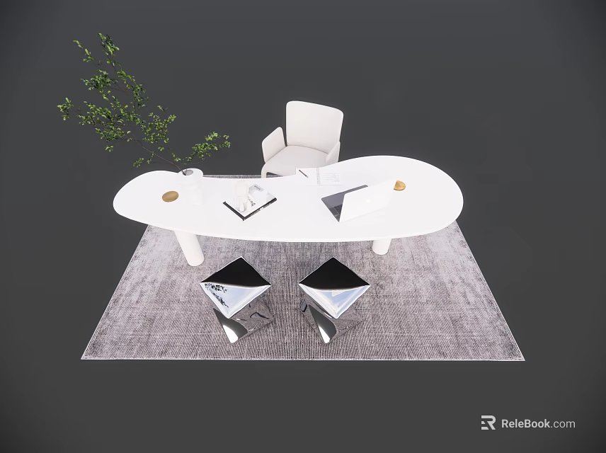 White Oval Office Desk With White Chair Green Plant Black Chairs And Gray Rug 3d model 