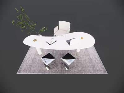 White Oval Office Desk With White Chair Green Plant Black Chairs And Gray Rug 3d model