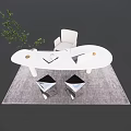 White Oval Office Desk With White Chair Green Plant Black Chairs And Gray Rug