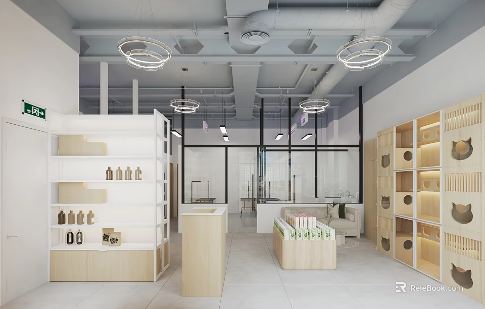 Minimalist Store Interior With White Shelves Wooden Counters And Hanging Lights 3d model 