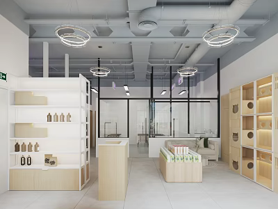 Minimalist Store Interior With White Shelves Wooden Counters And Hanging Lights 3d model