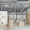 Minimalist Store Interior With White Shelves Wooden Counters And Hanging Lights