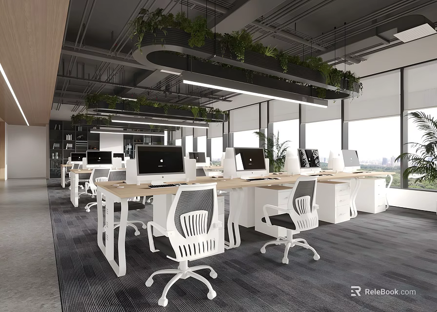 Modern Public Office Space With Open Work Desks Computers White Chairs And Green Plants 3d model 