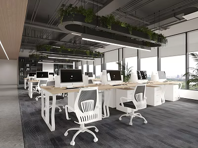 Modern Public Office Space With Open Work Desks Computers White Chairs And Green Plants 3d model