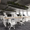 Modern Public Office Space With Open Work Desks Computers White Chairs And Green Plants