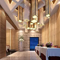 Elegant Banquet Hall with Crystal Chandeliers Wooden Ceiling White Tables and Chairs