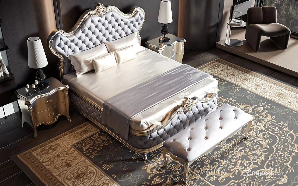 Elegant Double Bed With Upholstered Headboard Nightstands Lamps Footstool And Patterned Rug 3d model 