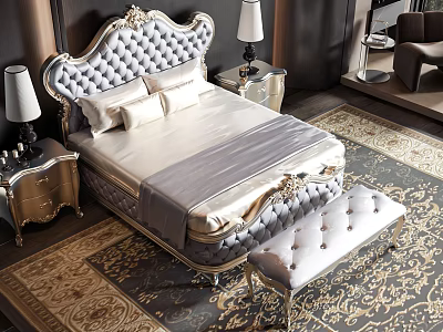 Elegant Double Bed With Upholstered Headboard Nightstands Lamps Footstool And Patterned Rug 3d model