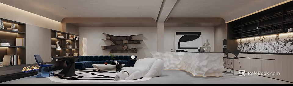 Modern Basement Interior With Sofa Art Shelves And Sculpture 3d model 