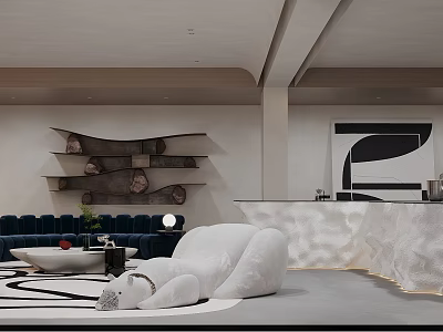 Modern Basement Interior With Sofa Art Shelves And Sculpture 3d model