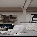 Modern Basement Interior With Sofa Art Shelves And Sculpture